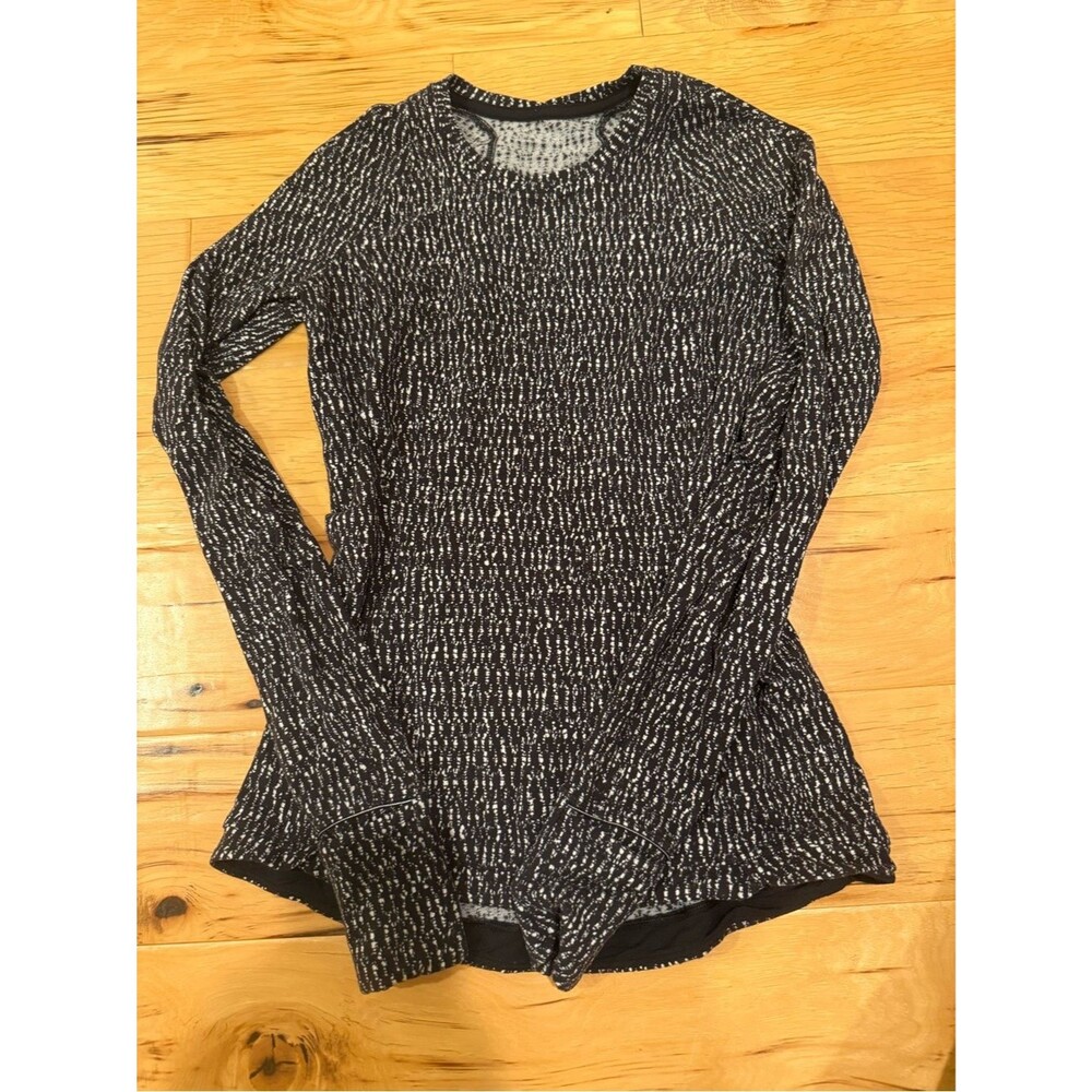 Lululemon Black & White Print Long Sleeve Running Top Size 4 Thumbholes